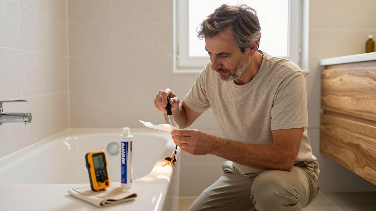 Man repairing a bathroom leak with tools beside a bathtub.