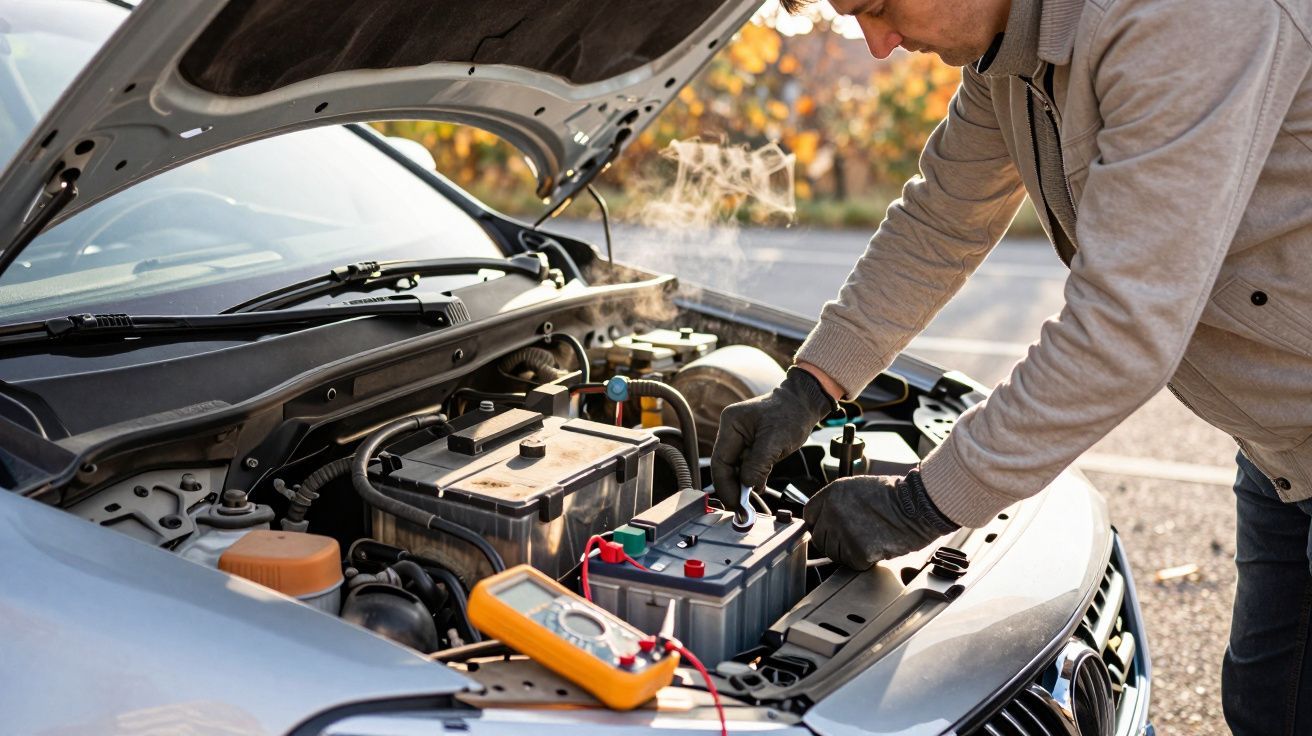 Mechanic in jacket examines car battery with testing device under open bonnet on a sunny day.