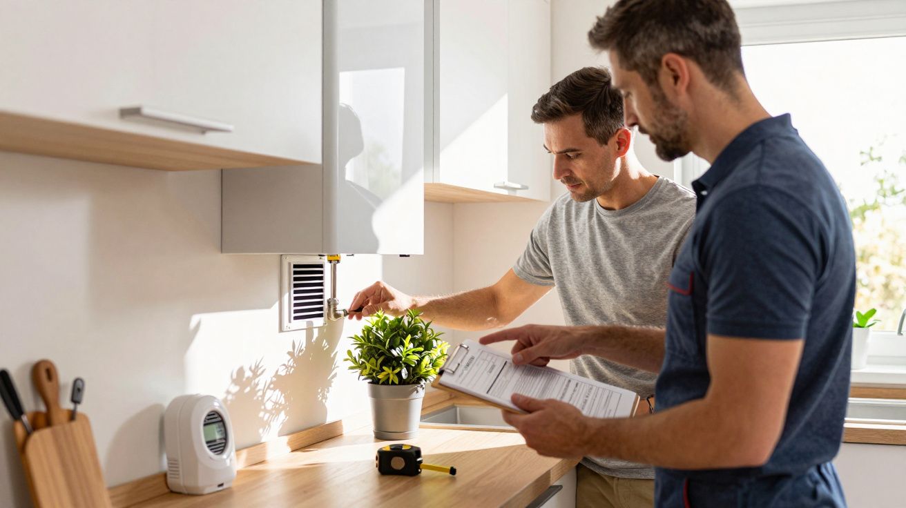 Two men in a kitchen inspecting a cabinet with a small plant on the counter and a document in hand.