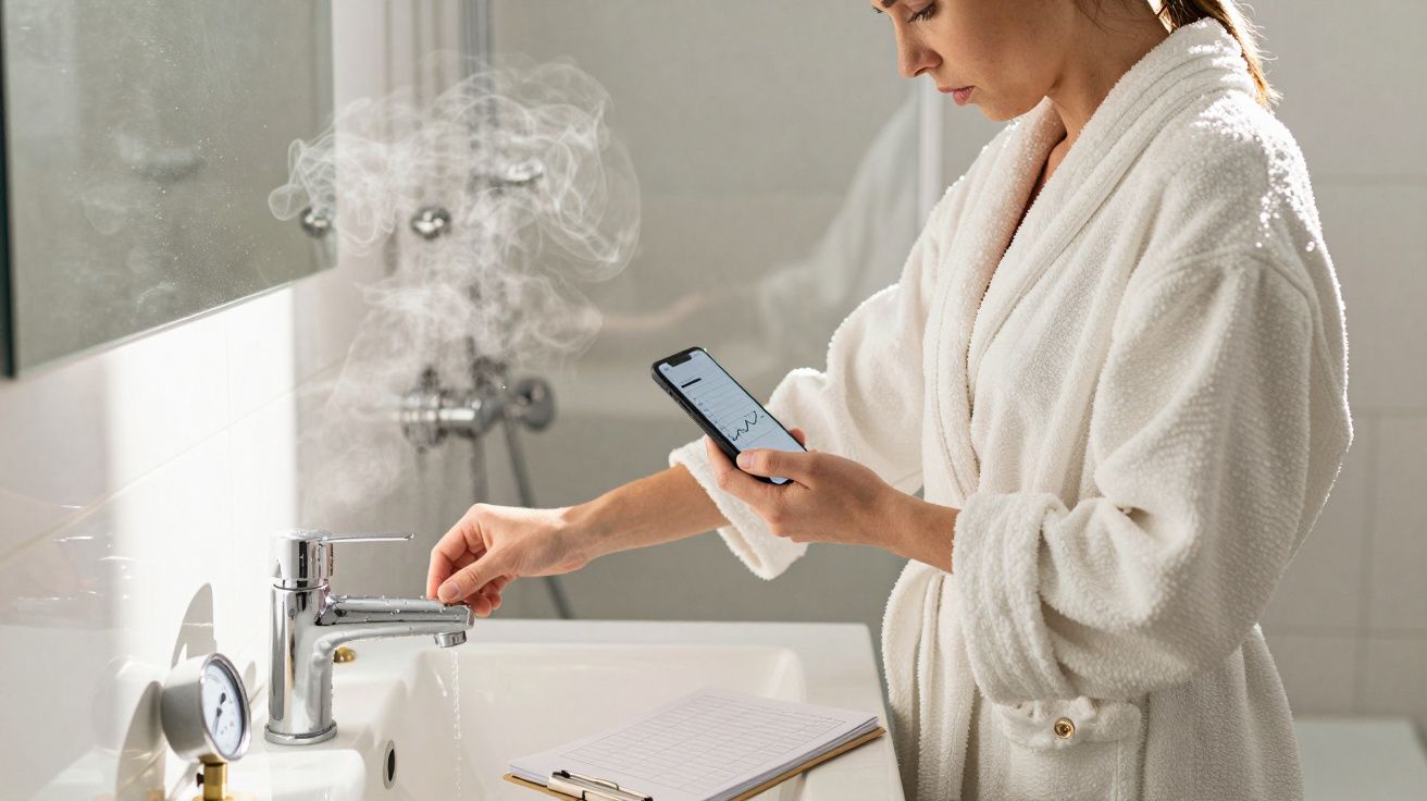 Woman in a bathrobe adjusting a steaming tap, holding a smartphone, clipboard on sink.