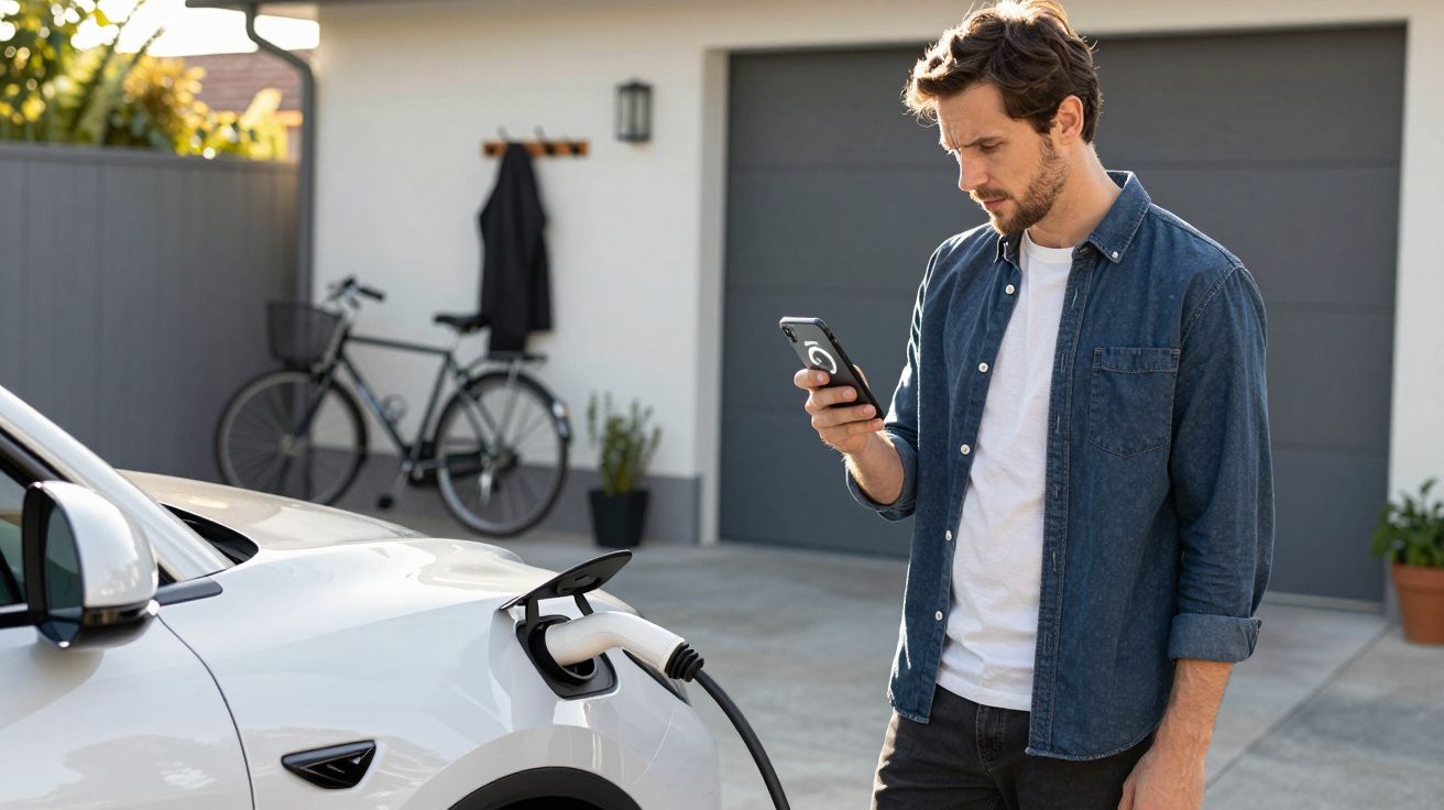Man in denim shirt checks phone beside an electric car charging outside a house; garage and bicycle in background.