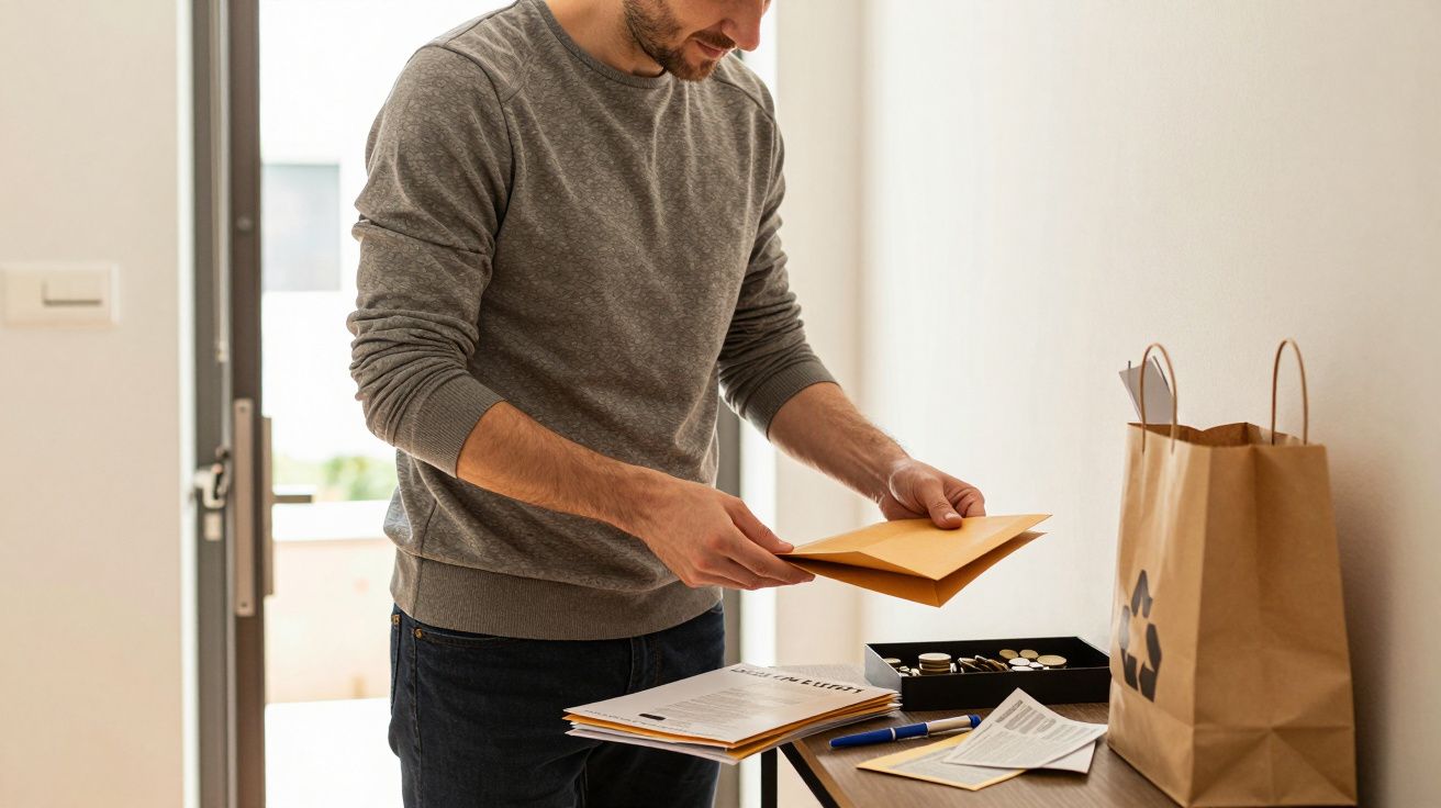 Man sorting envelopes on a table filled with papers, a pen, a bag, and a coin-filled tray near an open door.