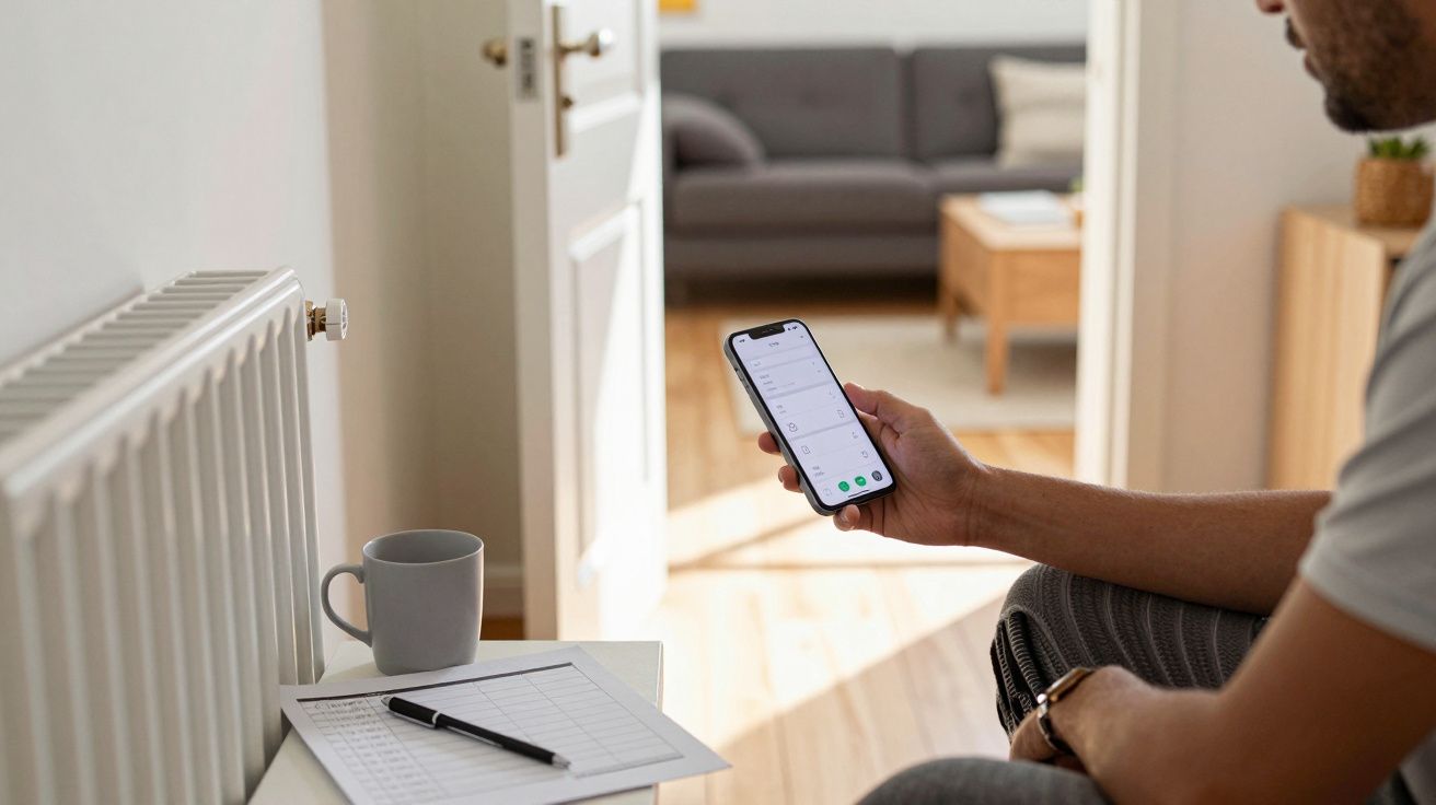Person sitting by a radiator, holding a smartphone with a checklist and mug nearby, in a living room setting.