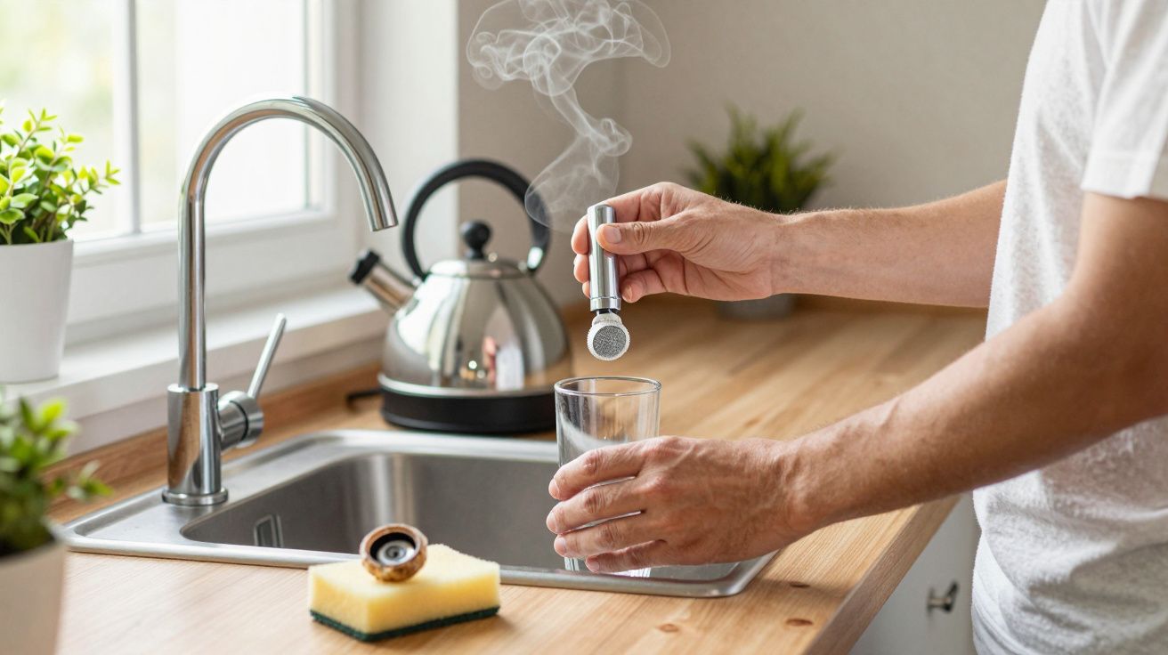 Person using a handheld water heater to heat water in a glass by the kitchen sink.