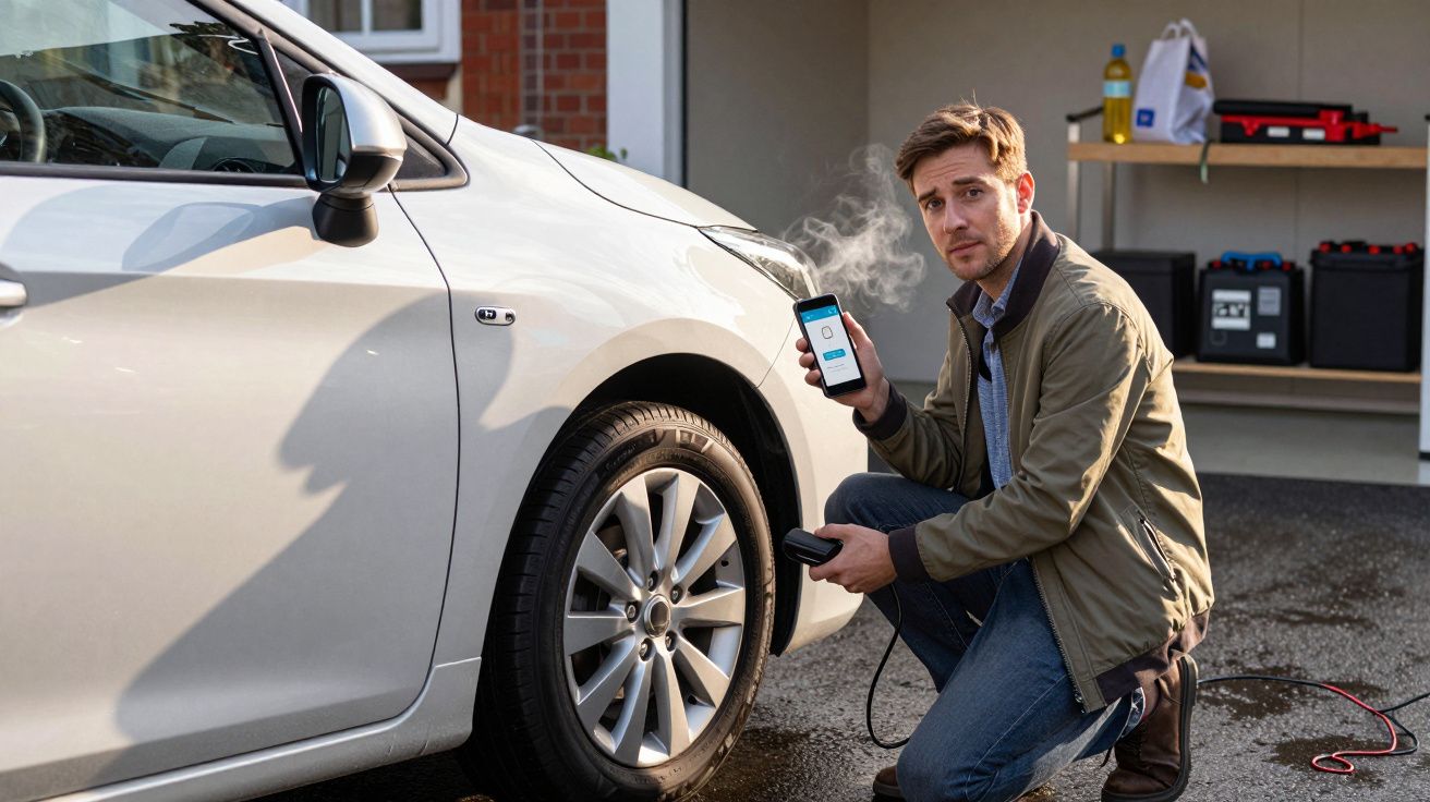 Man kneeling by car, using a tyre pressure gauge with a smartphone, smoke visible, garage in background.