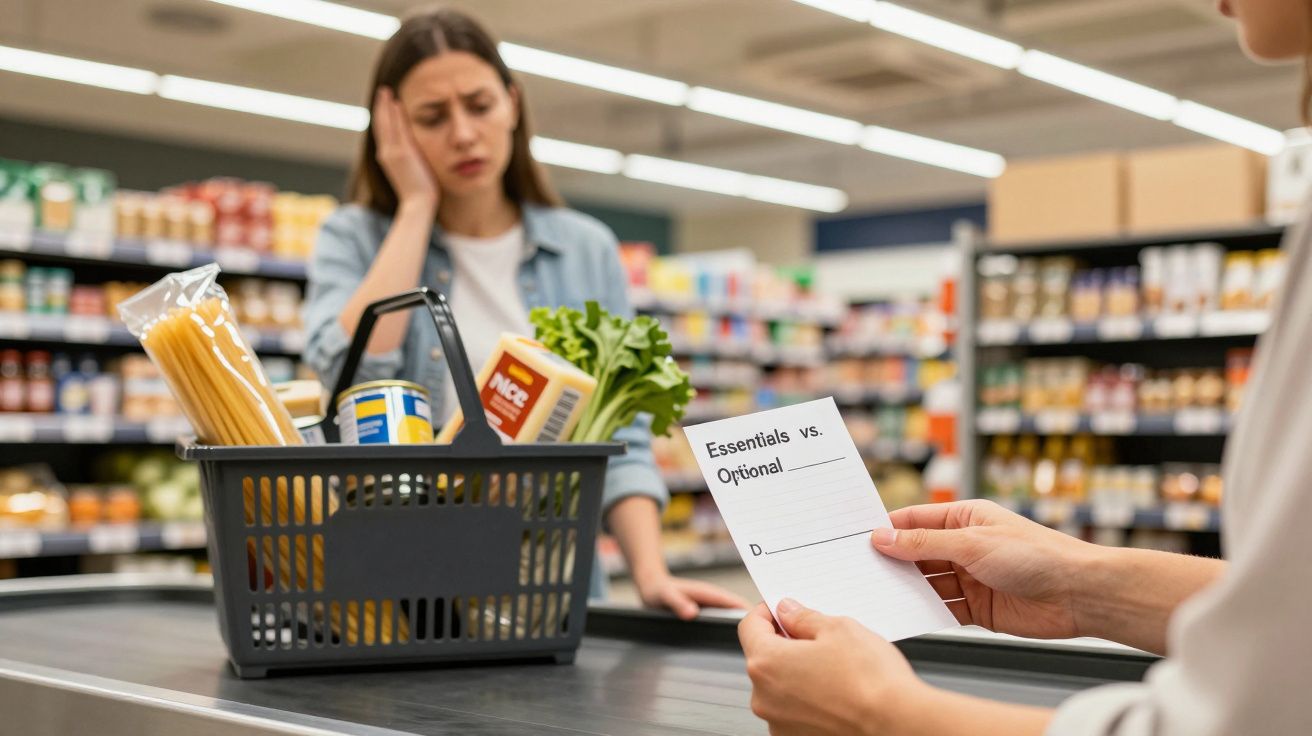 Woman looks stressed in supermarket, holding a shopping basket. Another person holds a note reading "Essentials vs. Optional"