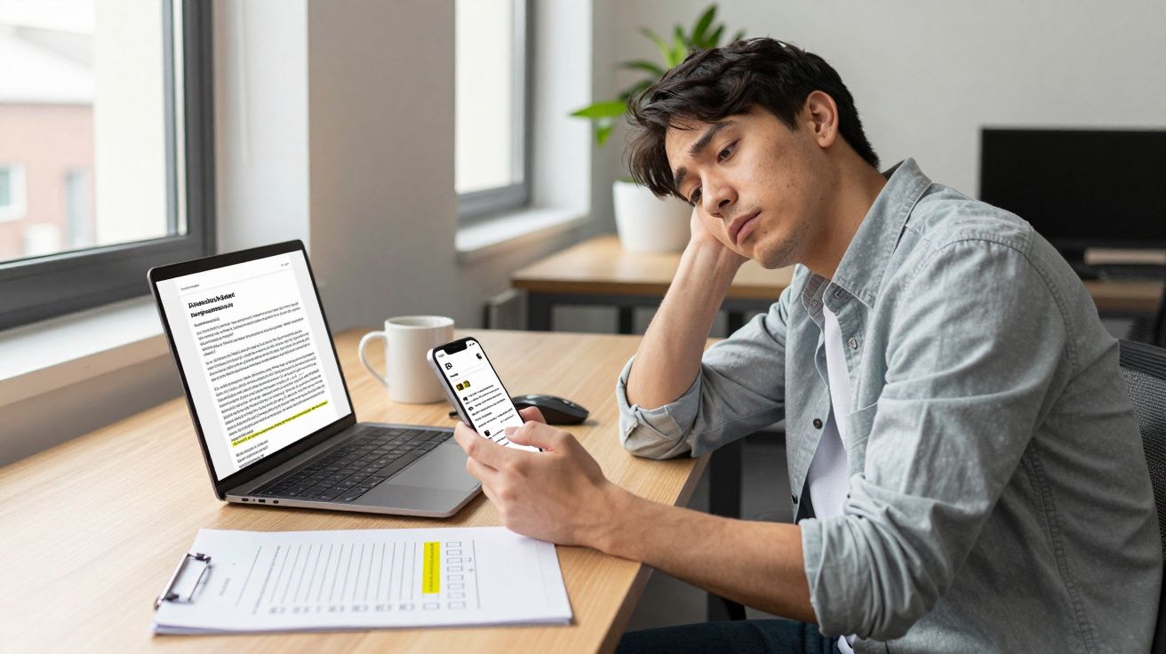 Man in casual attire looking at phone, sitting at desk with laptop, notebook, clipboard, and mug, appearing thoughtful.