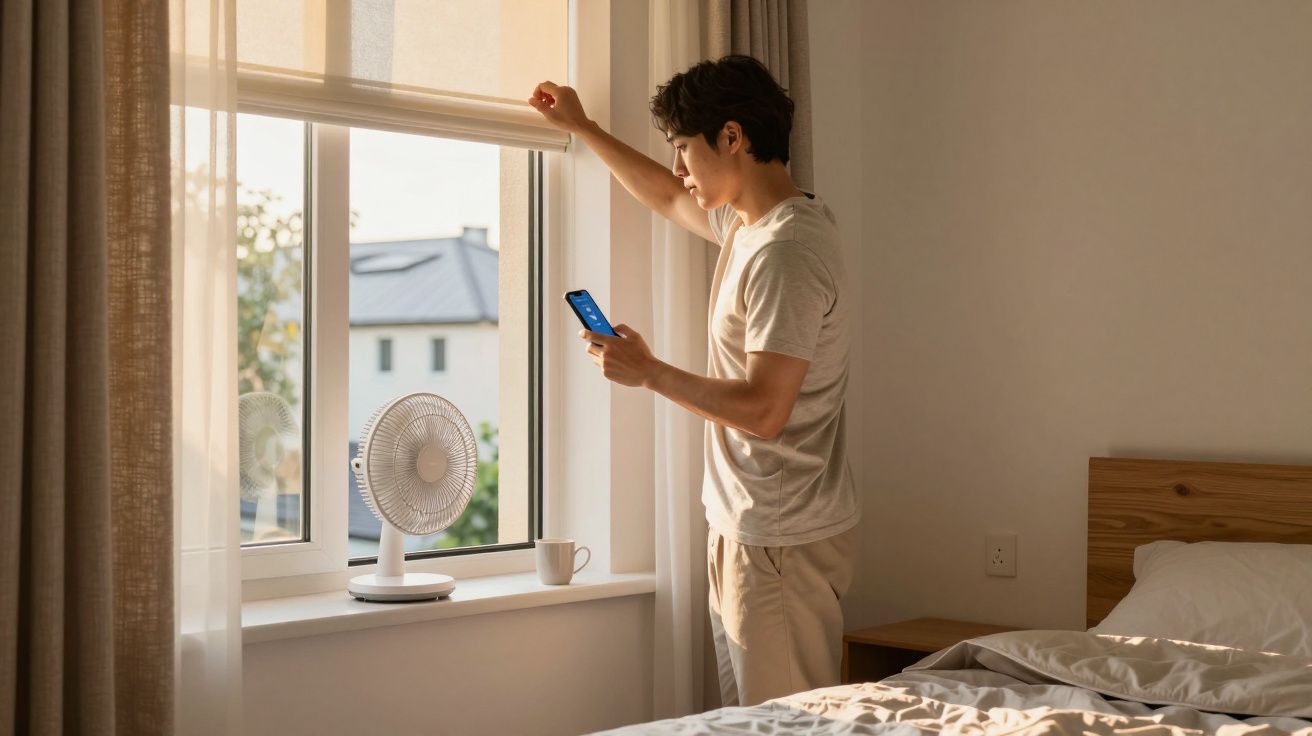 Man adjusting window blind while holding a phone next to a bed, with a fan and mug on the windowsill.