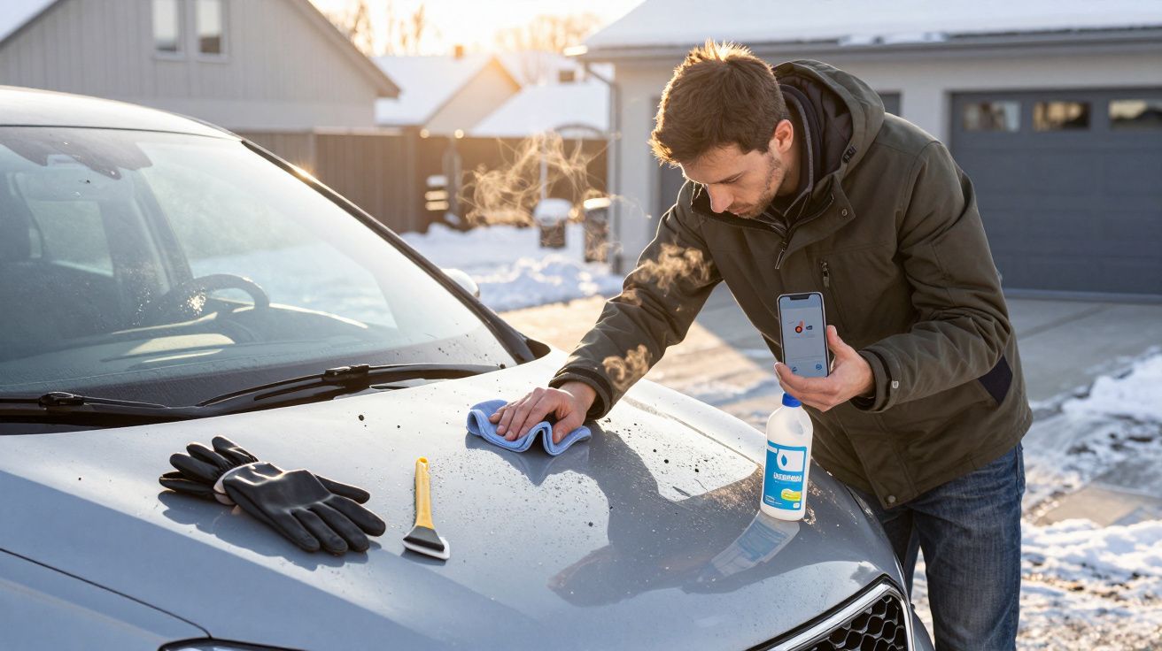 Man cleaning a car bonnet with a cloth and bottle, holding a phone, winter scene with snow surrounding.