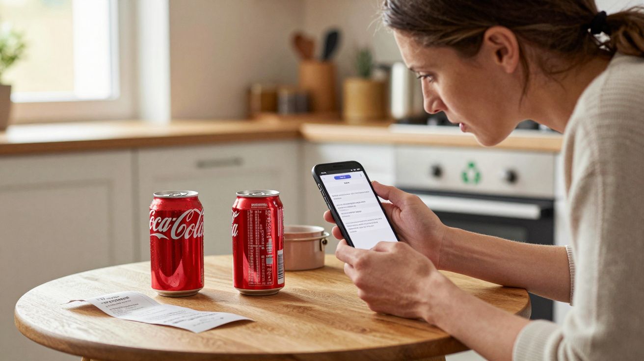 Woman using smartphone at table with two Coca-Cola cans and a receipt in a kitchen setting.