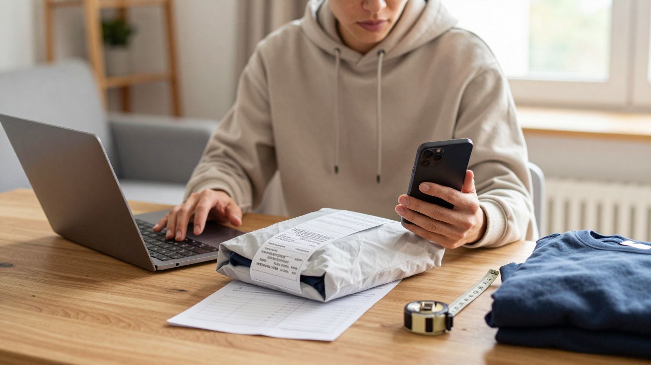 Person in a hoodie using a laptop and phone, with a parcel, tape measure, and clothing on the desk.