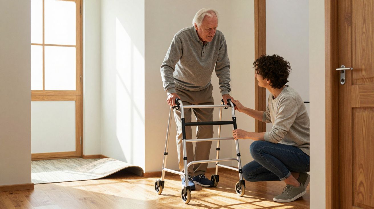 Elderly man using a walker assisted by a woman in a bright room with wooden flooring.