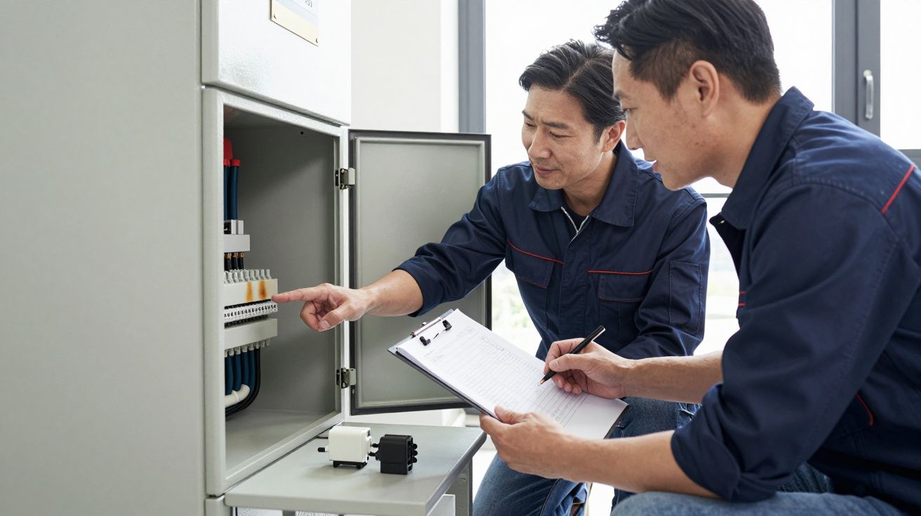 Two technicians examine an electrical panel, one pointing, the other taking notes.
