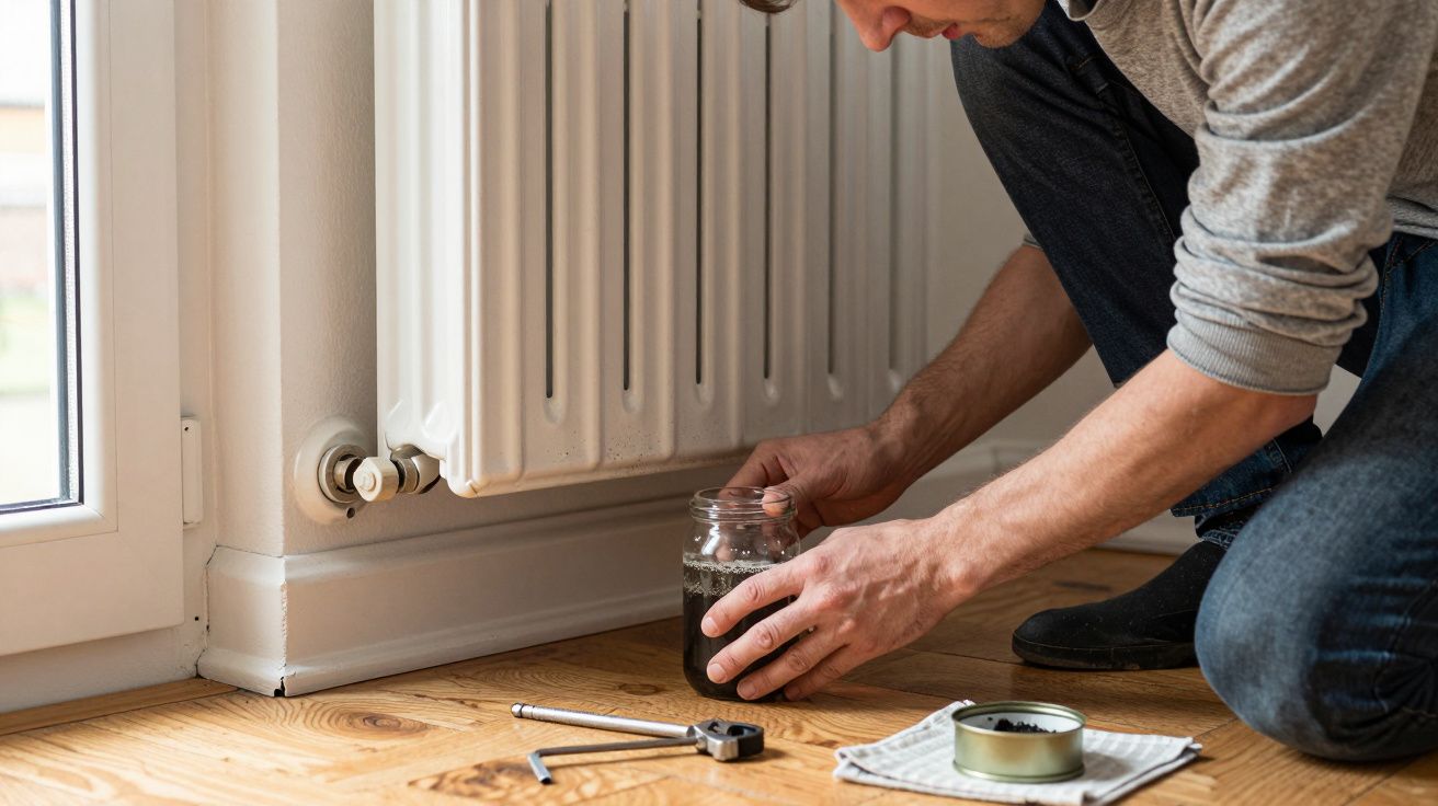 Person draining dark liquid from radiator into jar, kneeling on wooden floor.