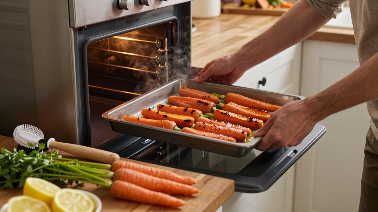 Person placing a tray of seasoned carrots into an oven, with fresh carrots and lemon slices on a wooden worktop.