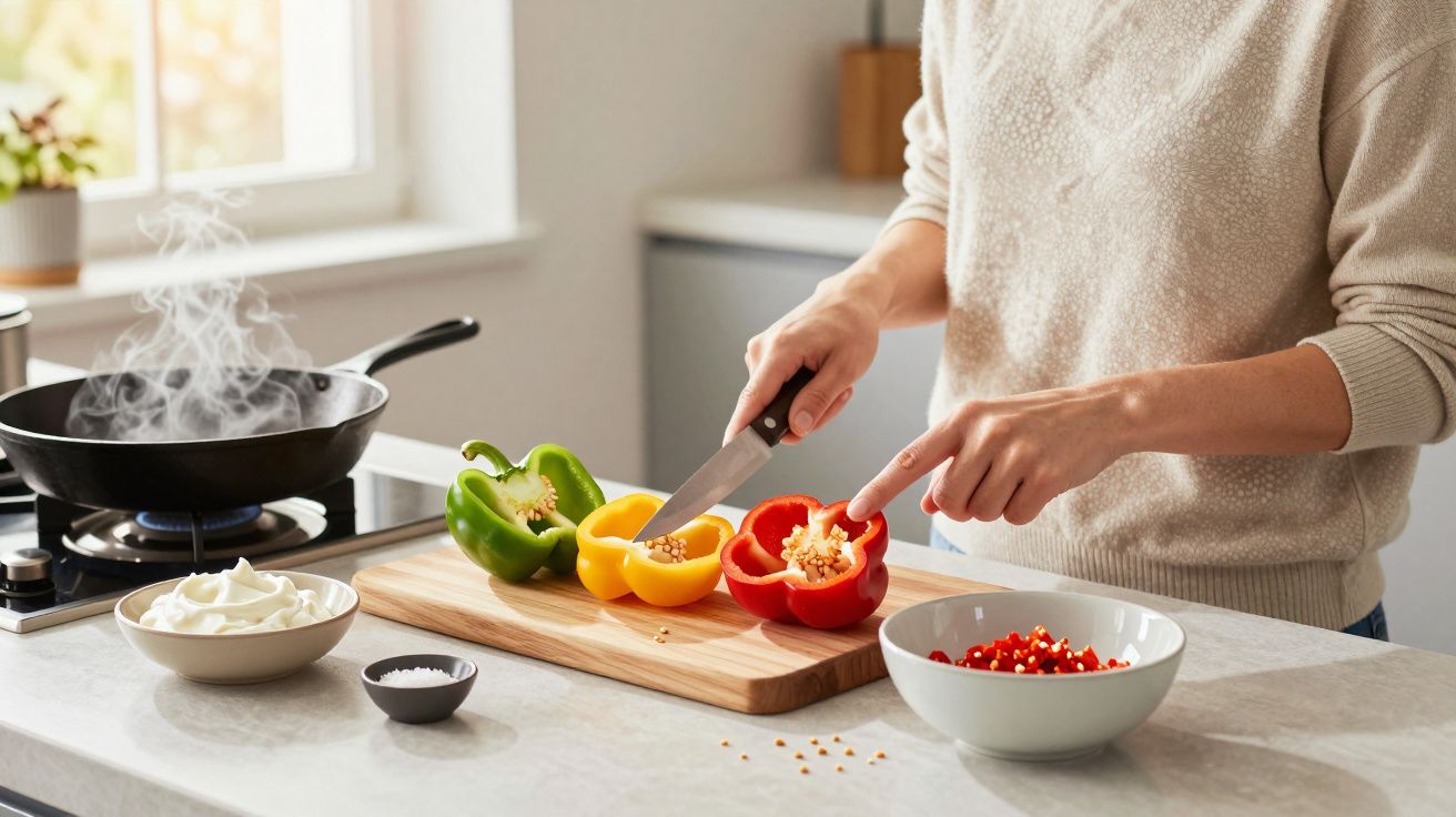 Person slicing bell peppers on a cutting board in a kitchen, with a pan steaming on the stove.