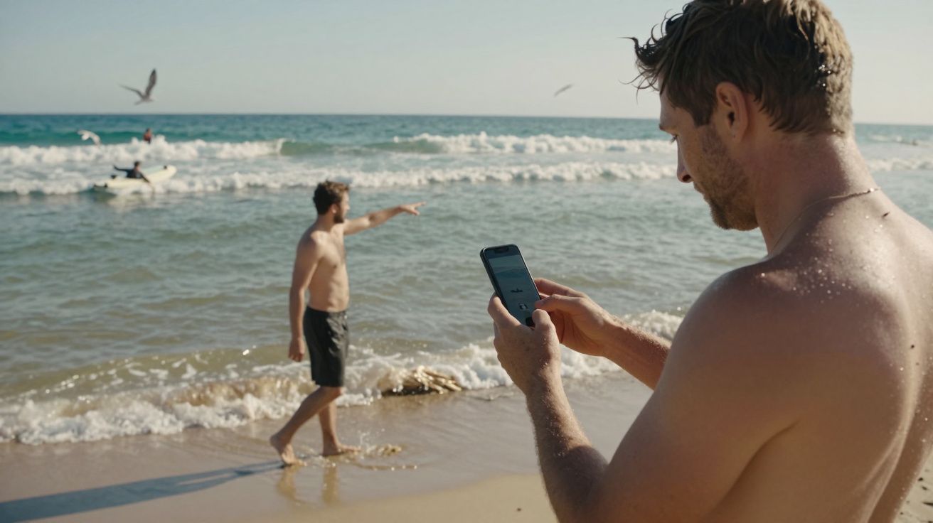 Two men on a beach, one using a phone, the other pointing towards the sea. Waves and seagulls in the background.