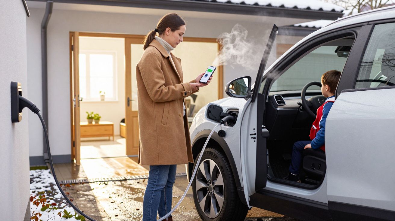 Woman with smartphone charging electric car outside home, child sitting inside car.