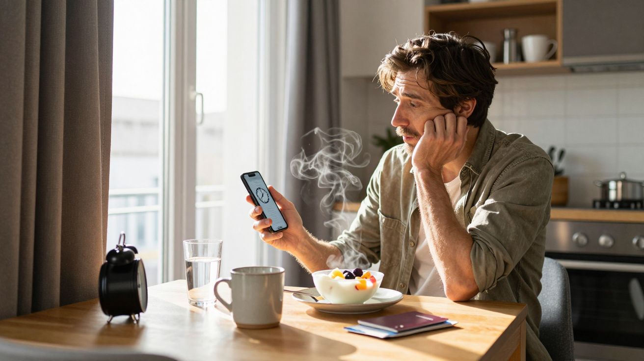 Man in kitchen looks at smartphone, with breakfast bowl, mug, and notebook on table.