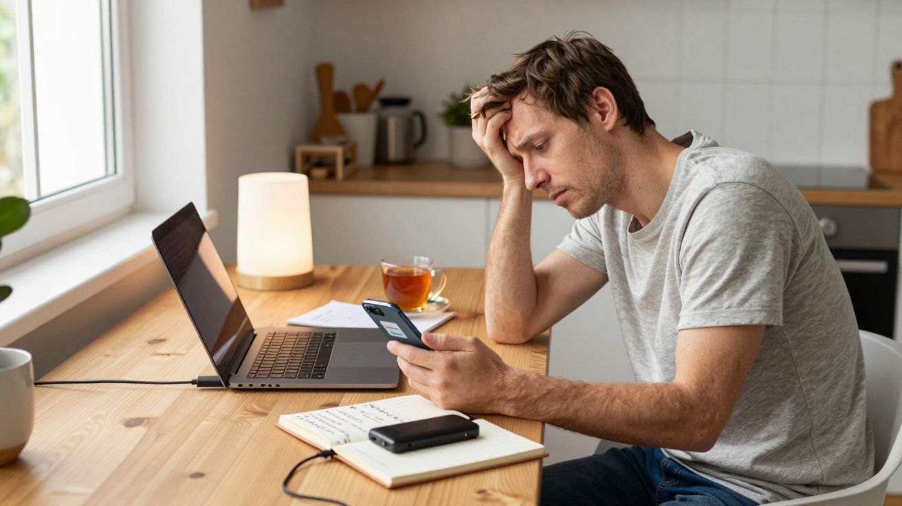 Man in grey t-shirt looks stressed while sitting at a desk, holding smartphone near laptop and notebook with tea cup nearby.