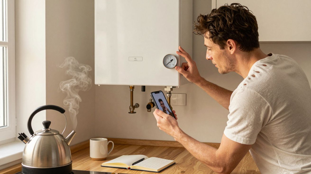 Man checking boiler pressure while on video call, with steaming kettle on worktop and open notebook nearby.