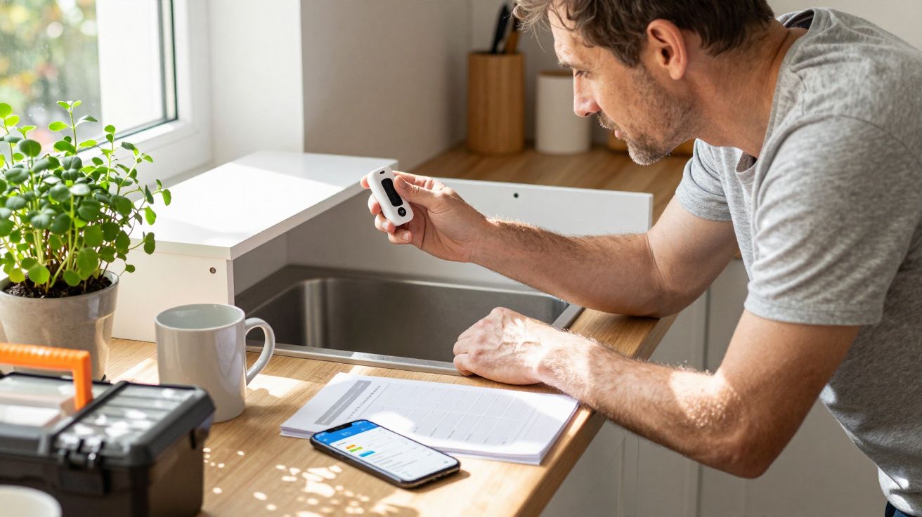 Man in grey T-shirt examining device in kitchen, papers and phone on counter, plant by window, toolbox nearby.