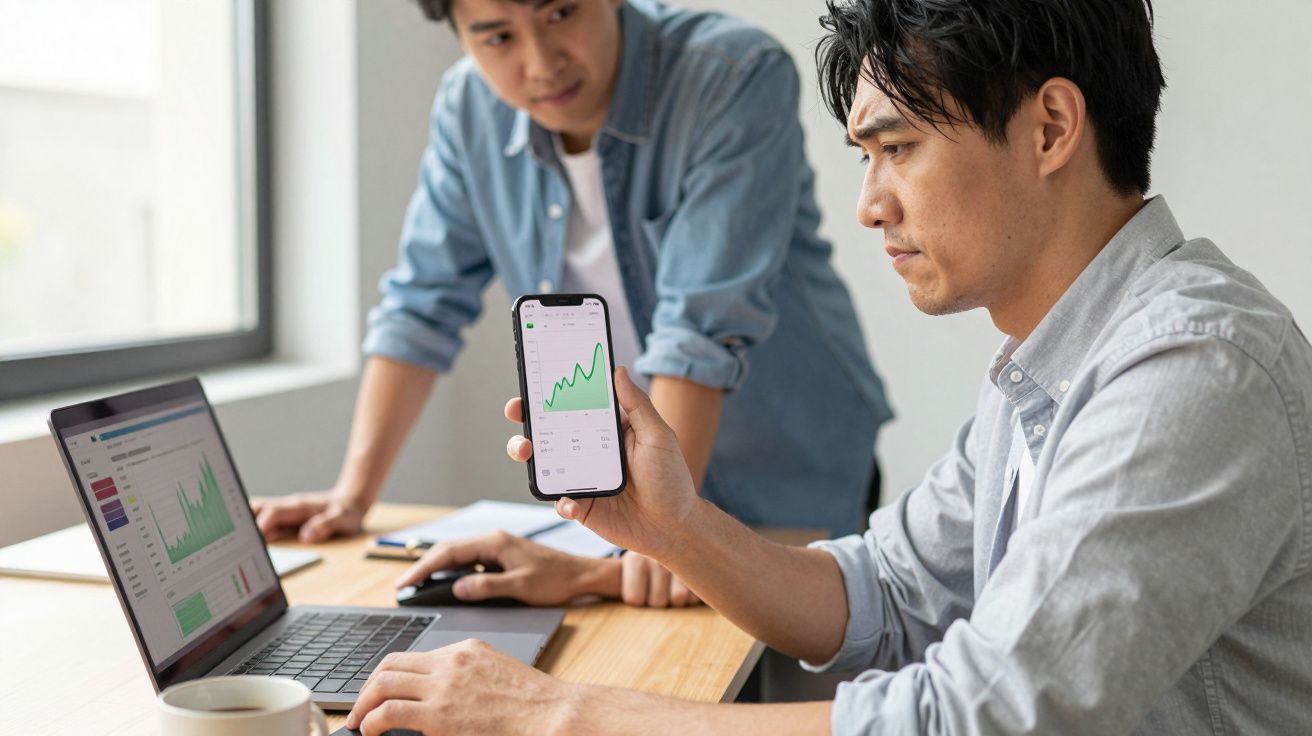 Two men in a meeting; one views a phone with charts, the other looks at a laptop showing similar graphs.