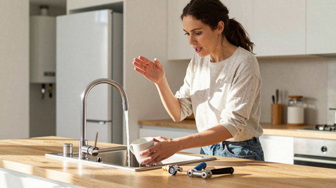 Woman washing a cup at a kitchen sink with wooden countertop, white cabinets, and a visible fridge in the background.