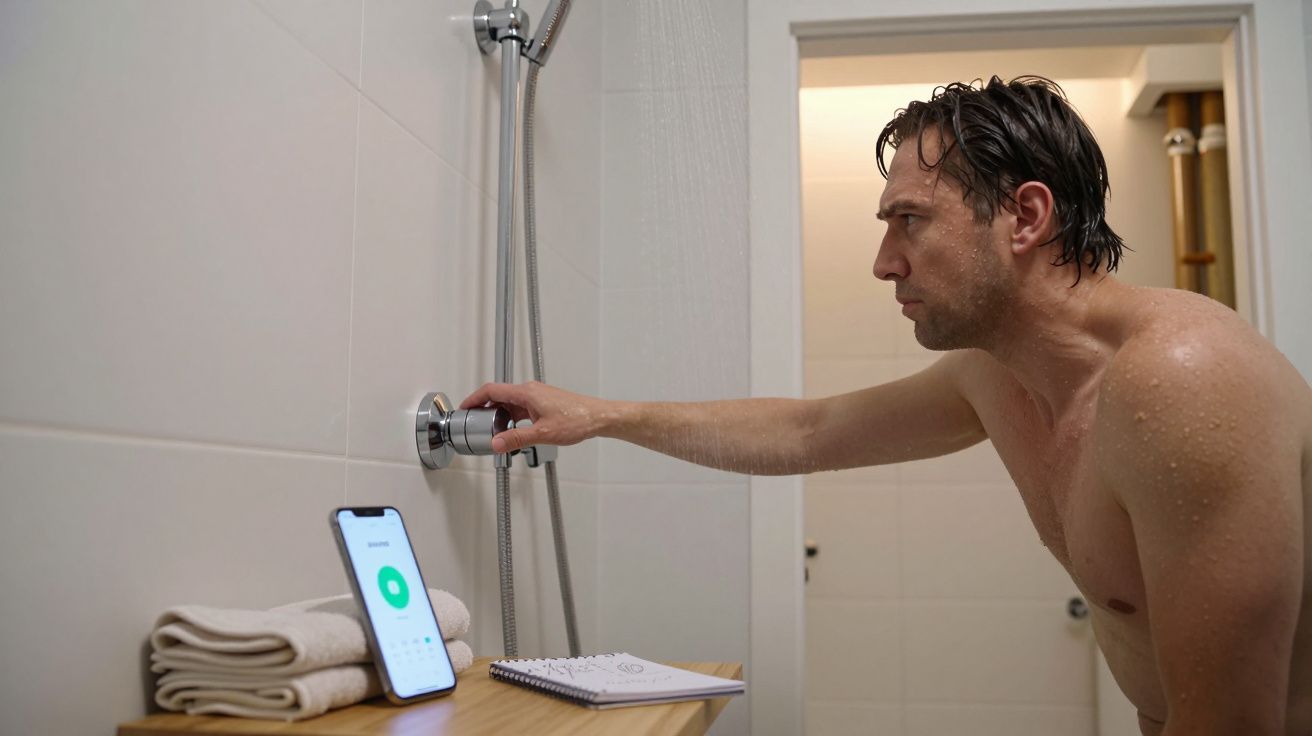 Man adjusting shower knob, smartphone and towels on wooden shelf nearby.