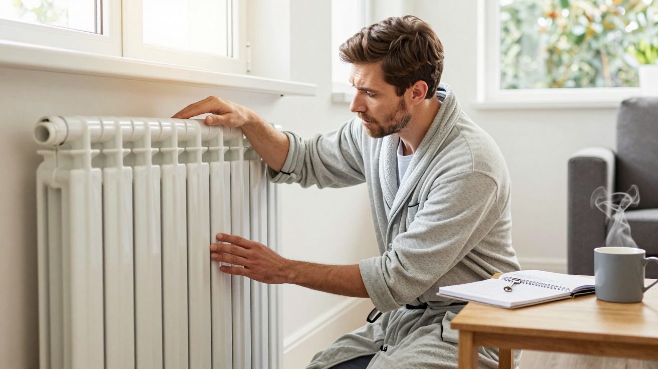 Man in a robe checking radiator temperature, notebook and mug on table, with window light streaming in.