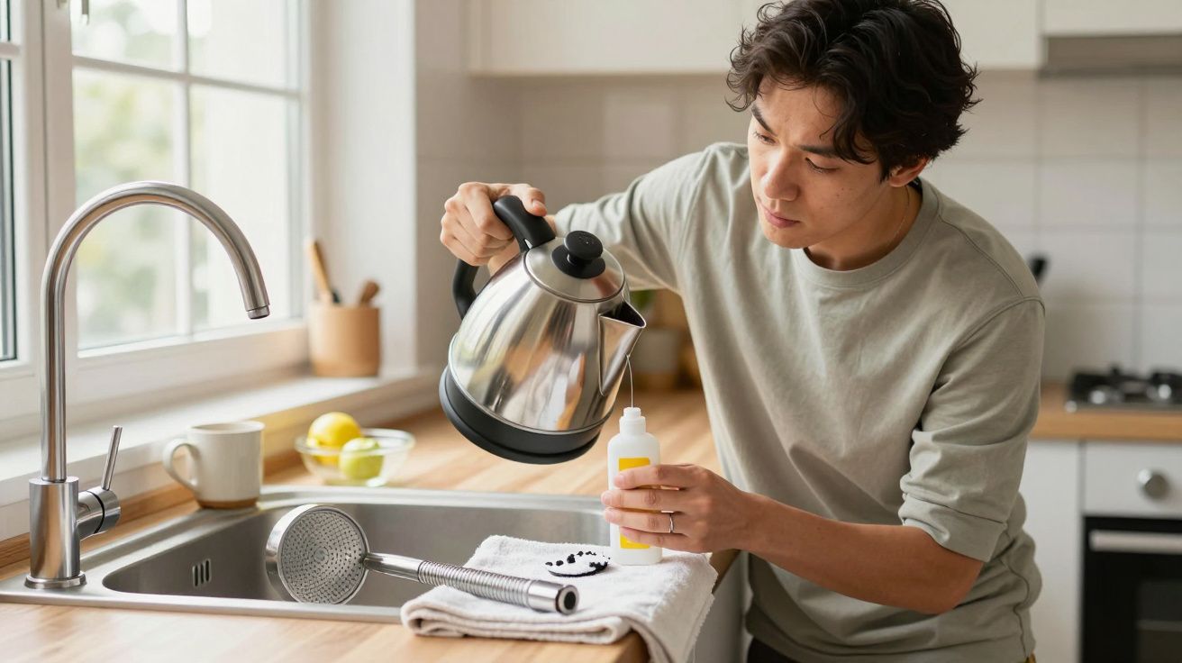 Person pouring water from kettle into bottle in kitchen near sink, with lemons and cup in the background.