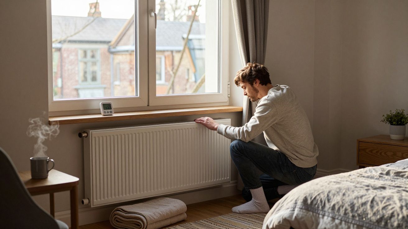 Person kneeling by a radiator in a bedroom, adjusting the thermostat. Sunlight streams through the window behind them.