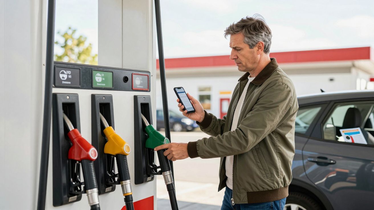 Man refuels car at petrol station, holding green nozzle and checking phone, three pump options visible.