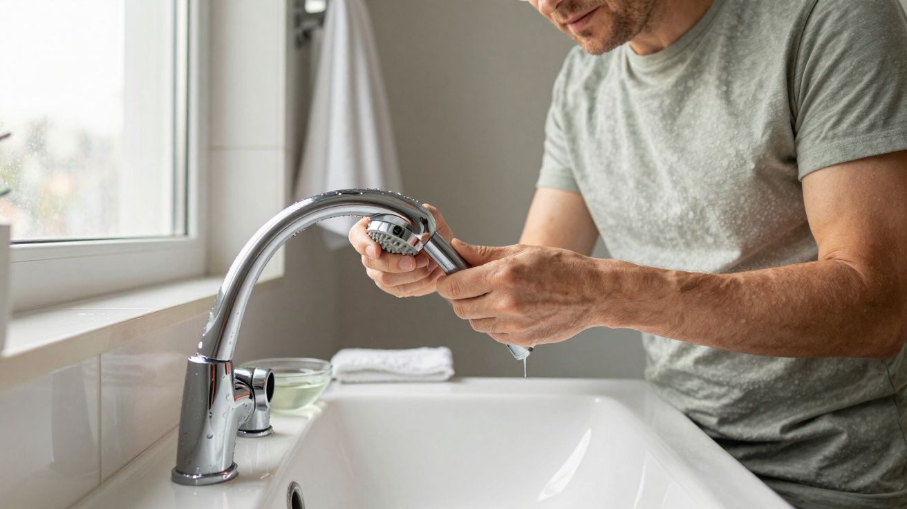 Man washing hands in a sink, wearing a grey T-shirt, with water flowing from a modern silver tap.