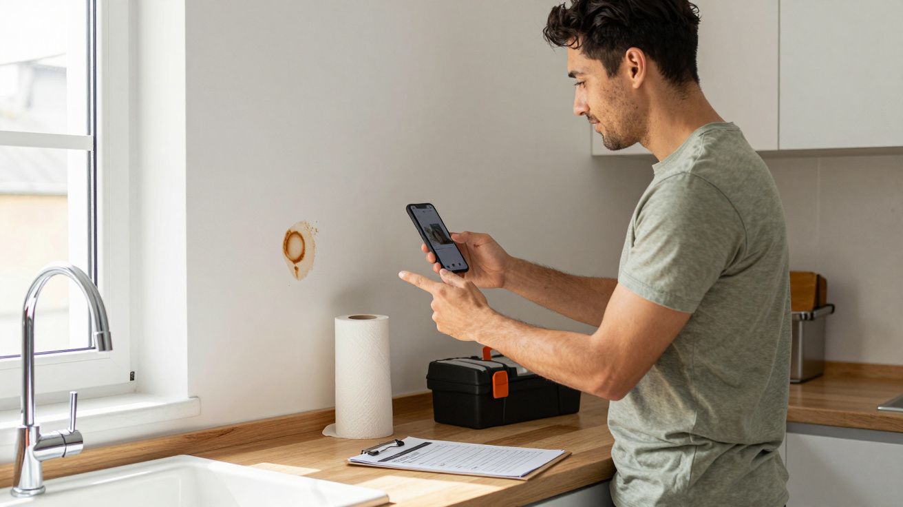 Man photographing stain on kitchen wall, next to paper towels and toolbox.