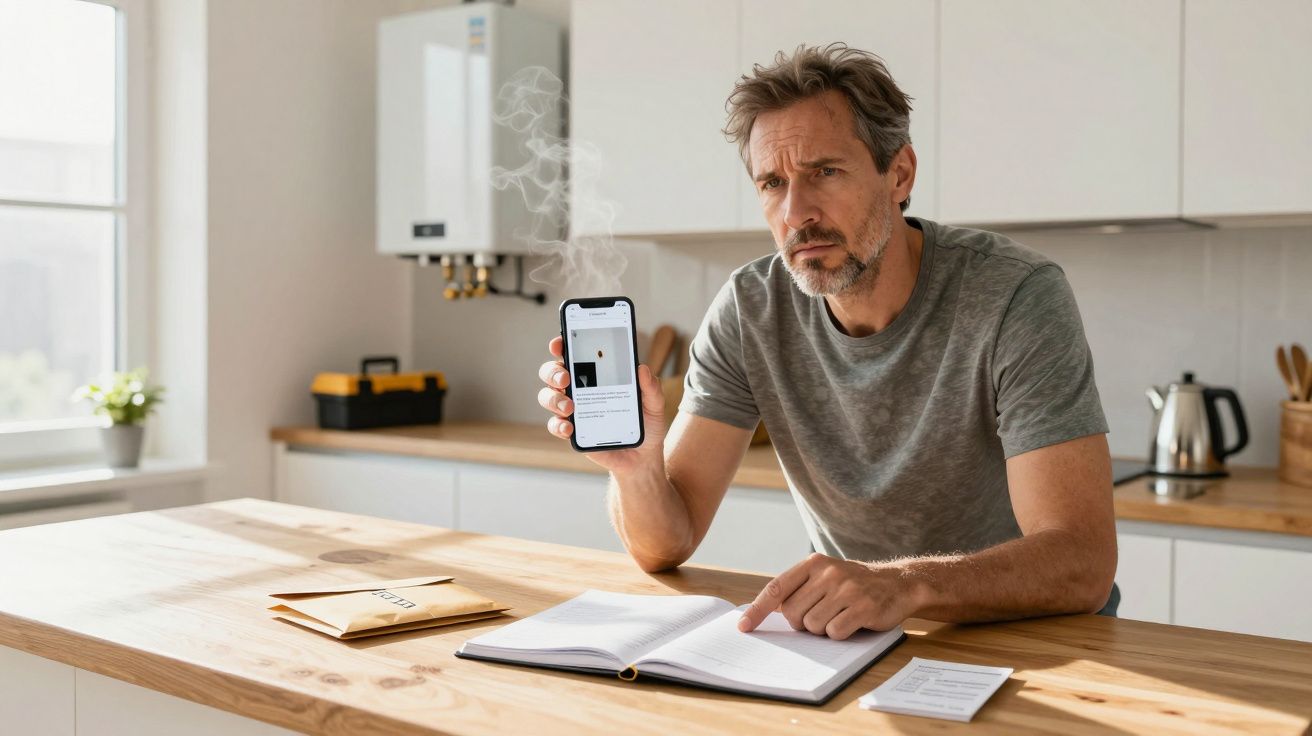 Man in grey T-shirt at kitchen counter holding smoking smartphone, book open in front. Boiler and kettle in background.