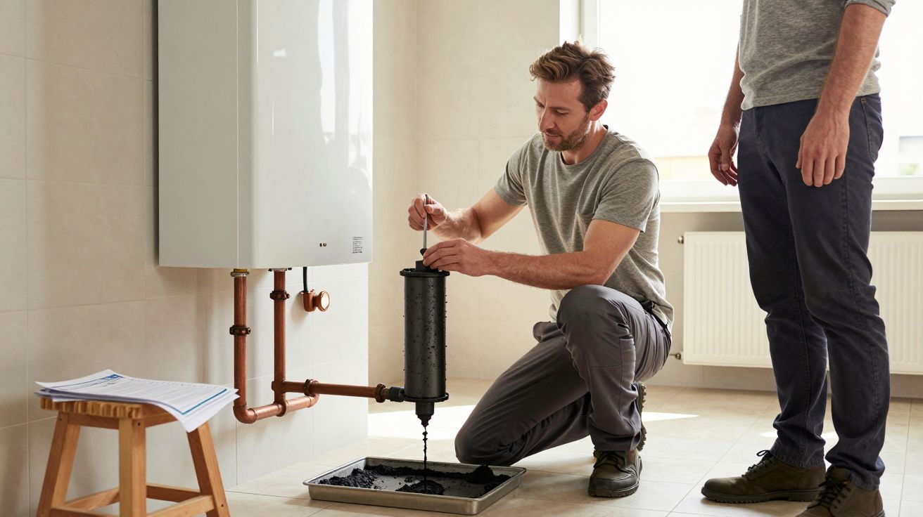 Two men inspect a boiler system, with one kneeling and removing a black filter, in a bright utility room.