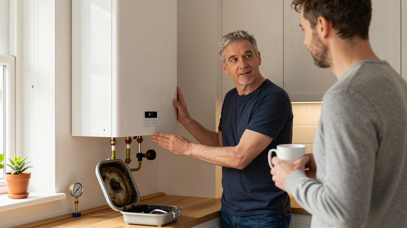 Two men discussing a wall-mounted boiler in a kitchen, one holding a coffee cup.