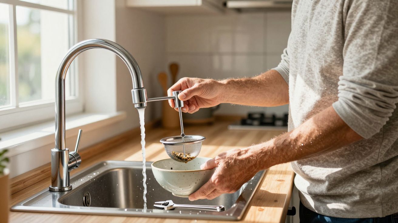 Person rinsing grains in a kitchen sink under a running tap.
