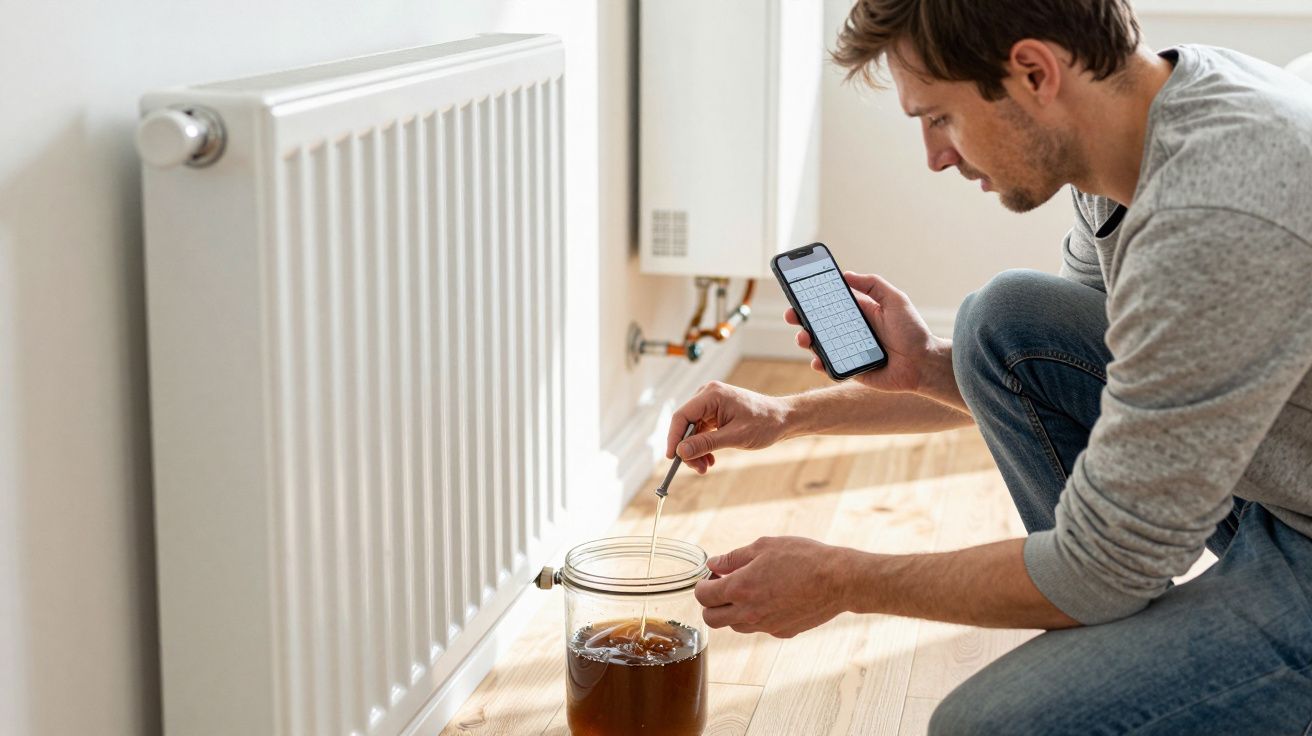 Man kneeling by radiator checking water in jar while holding phone, situated in a well-lit room.