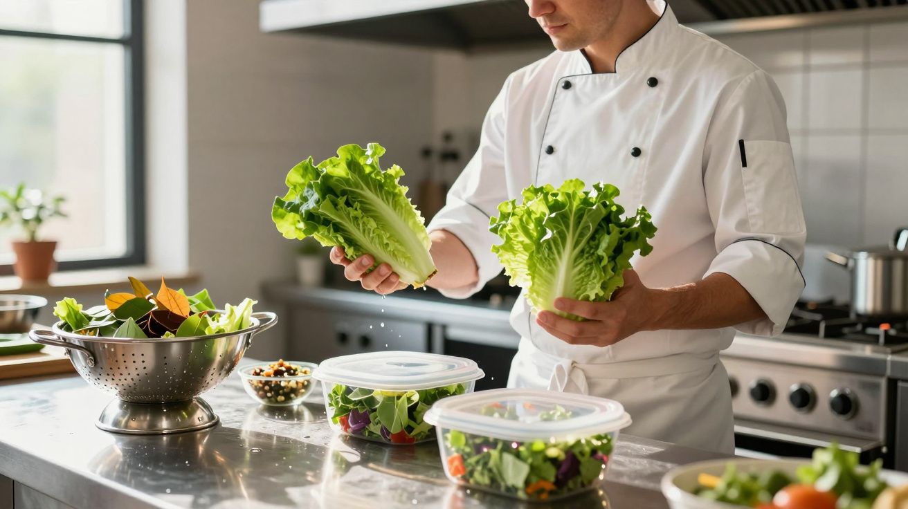 Chef preparing lettuce in a kitchen with salad bowls and colander on a stainless steel counter.