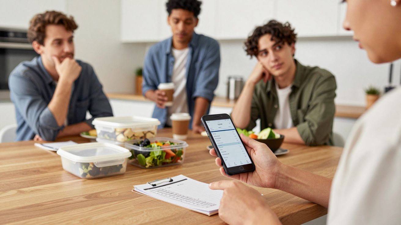 Person using a smartphone and clipboard at a table with three men, salads, and food containers in a kitchen setting.