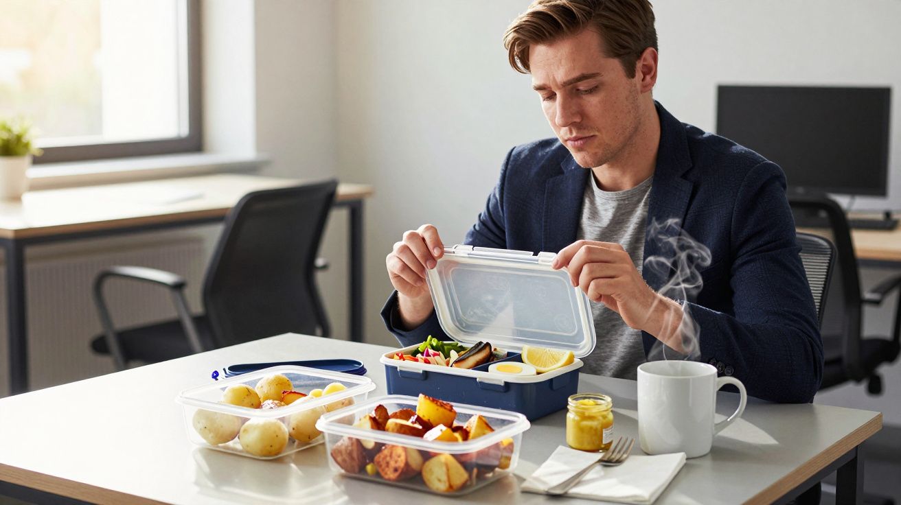 Man in office opening lunch box with food and drink on table, preparing to eat.