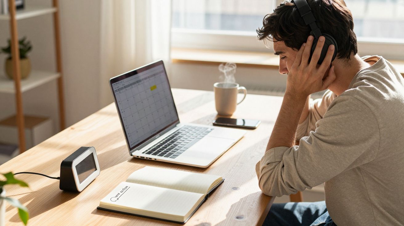 Man wearing headphones, using laptop at sunlit desk with notebook, smart speaker, and coffee mug.