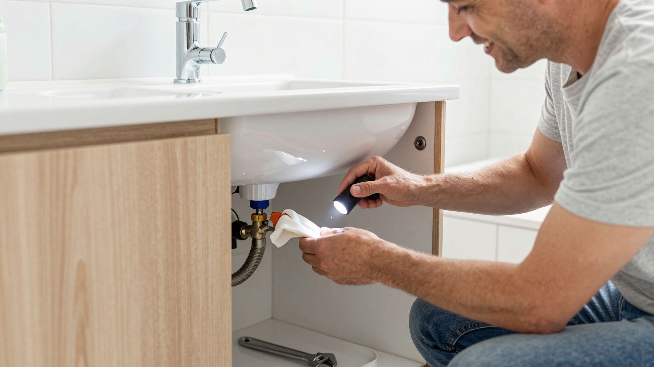 Man inspecting under-sink plumbing with torch, using tissue to check for leaks in bathroom cabinet.