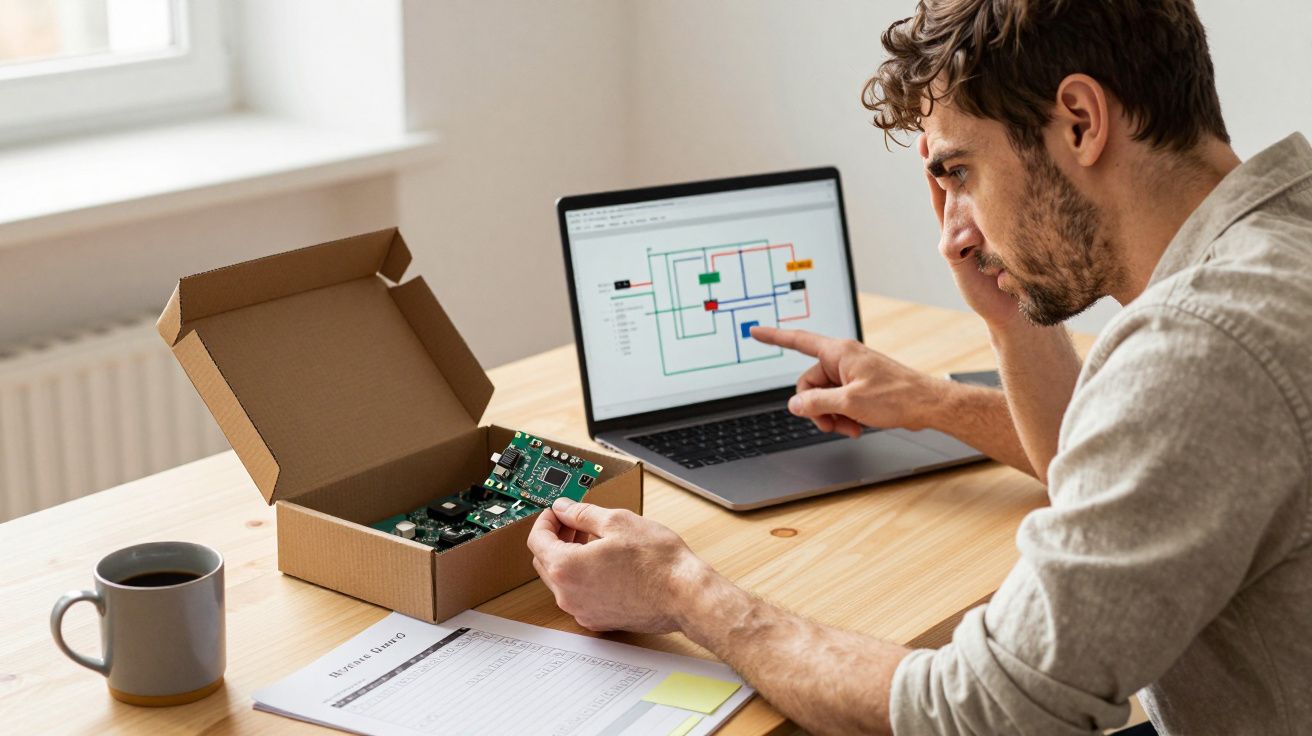 Man at desk with laptop examining circuit board, pointing at screen displaying a block diagram.