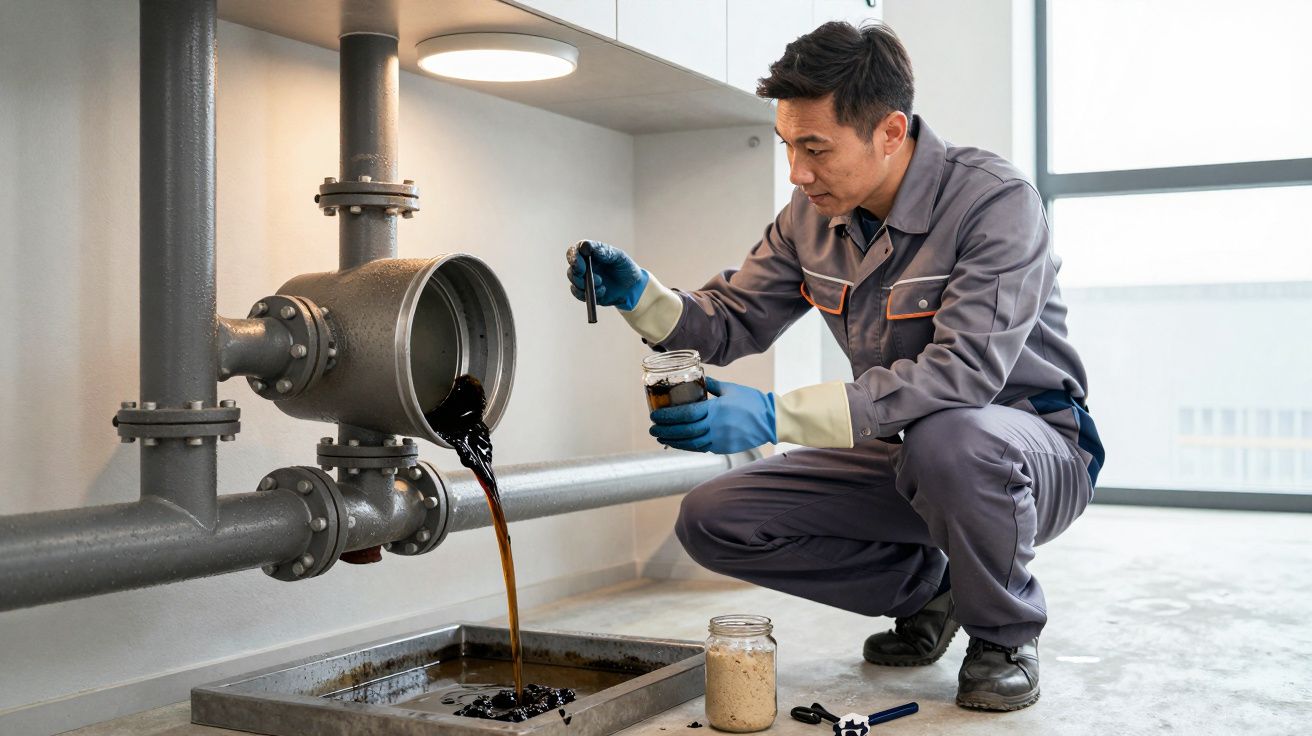 Worker in overalls examines dark fluid from industrial pipe, collecting sample in jar, kneeling beside drainage area.