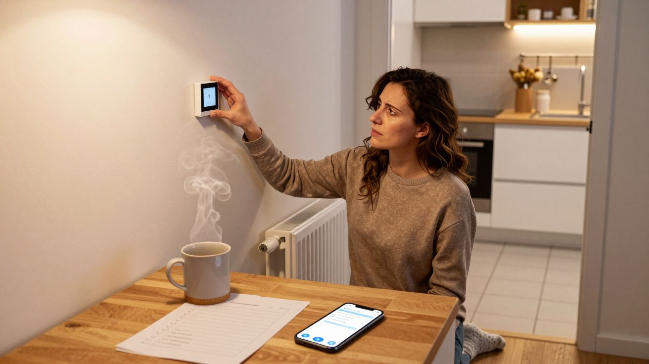 Woman adjusts wall thermostat beside steaming mug and smartphone on counter in a modern kitchen setting.