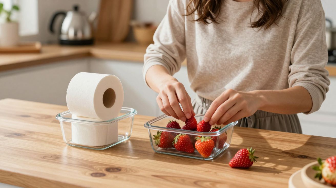 Woman placing strawberries in glass dish on wooden kitchen counter next to a dish with a toilet roll.