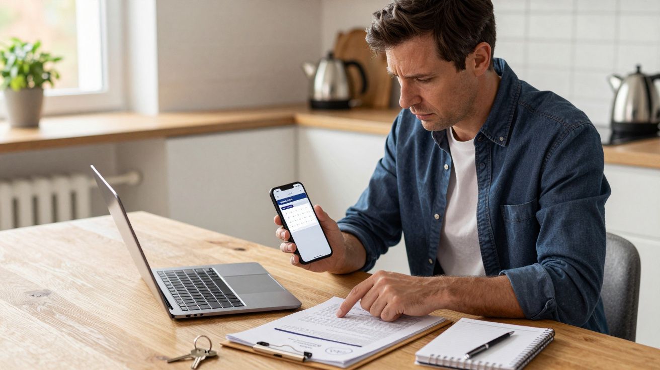 Man in denim shirt working at table with laptop, checking smartphone, pointing at document.